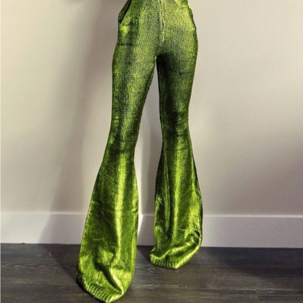 Hanifa Rylee Metallic Green knit Flare Pants